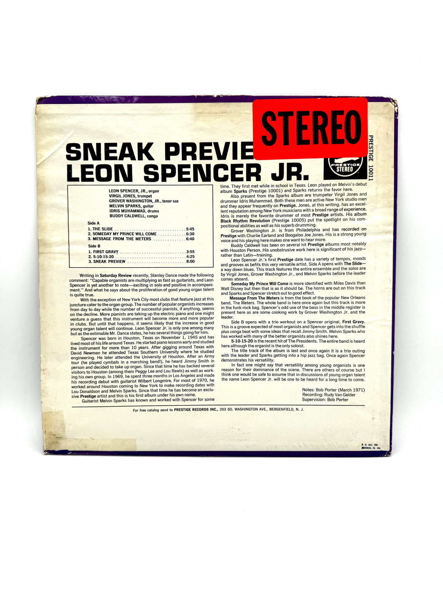Leon Spencer Jr. "Sneak Preview!" PR10011 NM/G+ 1971 Original
