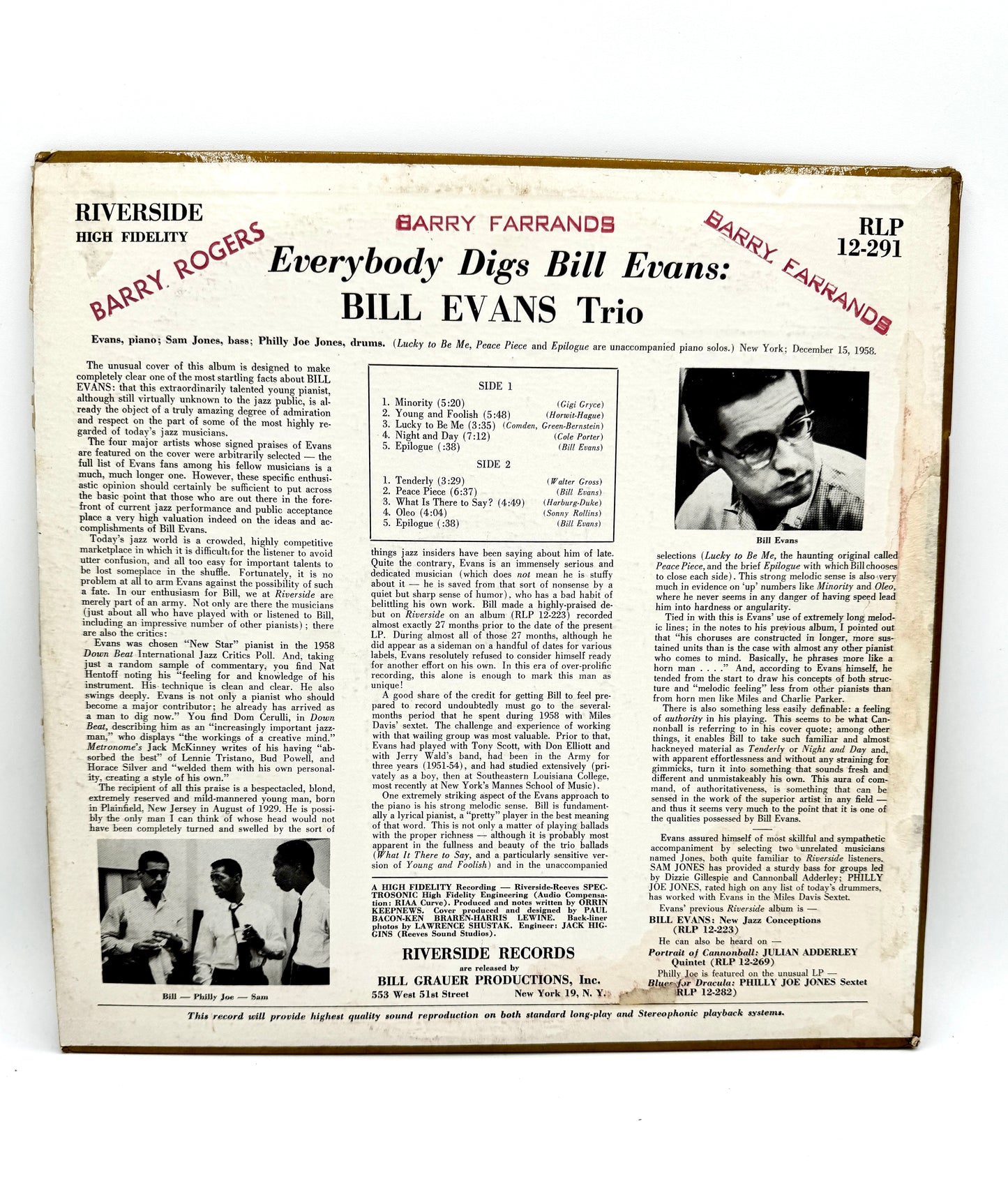 Bill Evans "Everybody Digs Bill Evans" RLP 12-291 VG/VG+